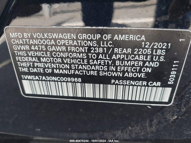1VWSA7A30NC009968 Volkswagen Passat 2.0t Se