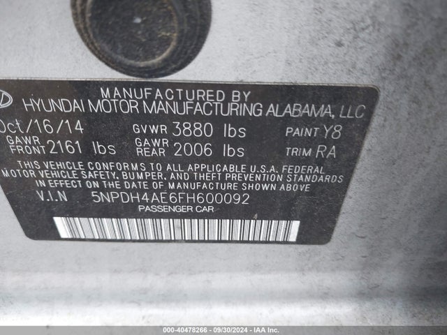 Hyundai ELANTRA SE 2015 5NPDH4AE6FH600092 Image 9