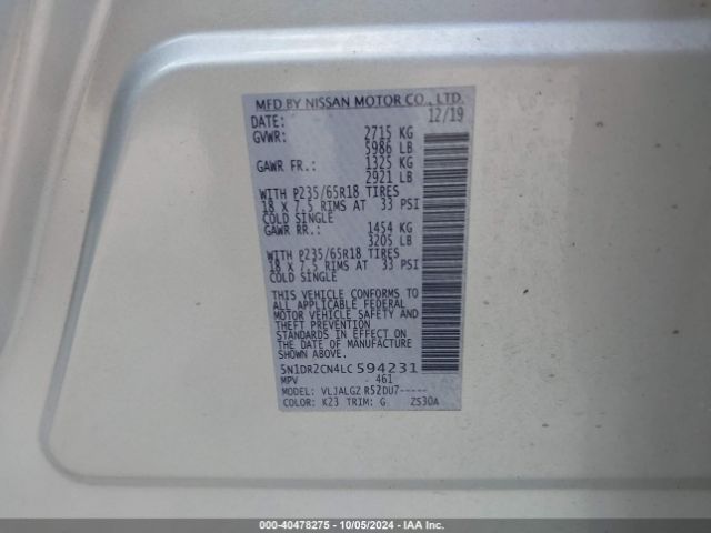 5N1DR2CN4LC594231 Nissan Pathfinder Sl 2wd