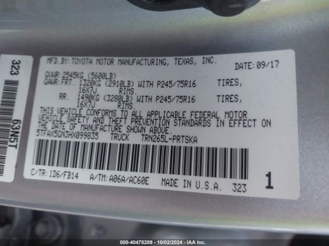 5TFAX5GN3HX099835 Toyota Tacoma Sr