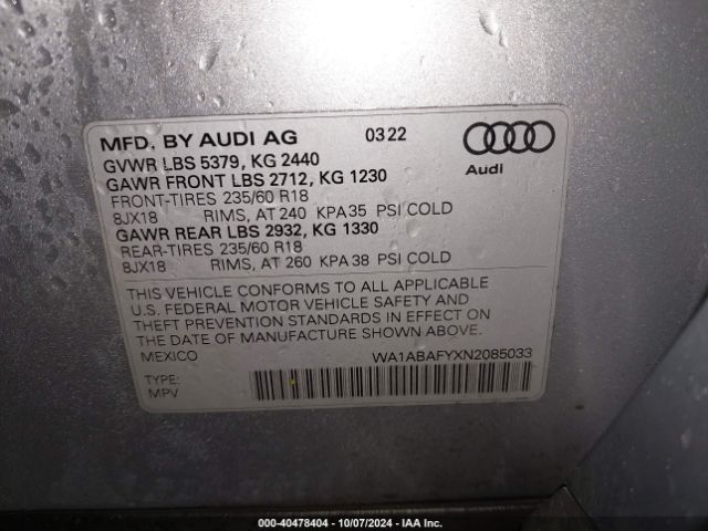WA1ABAFYXN2085033 Audi Q5 Premium 40 Tfsi Quattro S Tronic