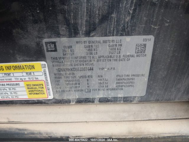 1GNKRHKD5EJ307444 Chevrolet Traverse 2lt