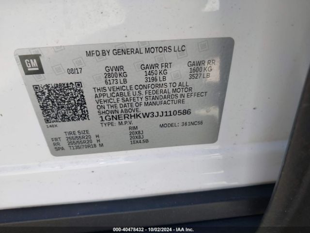 1GNERHKW3JJ110586 Chevrolet Traverse 3lt