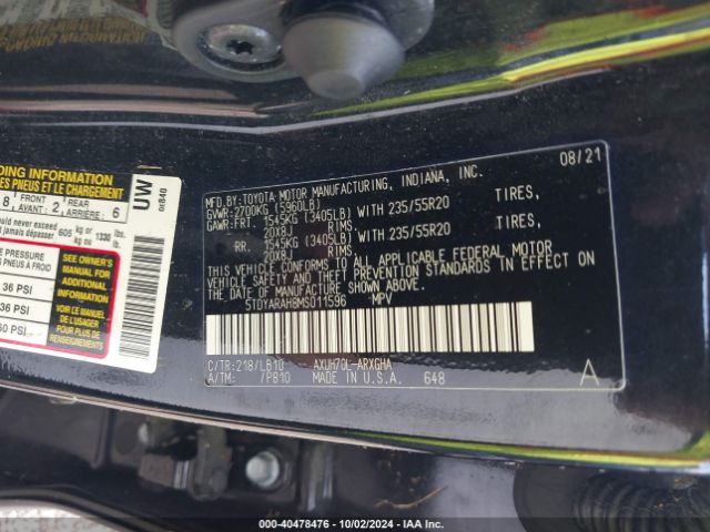5TDYARAH8MS011596 Toyota Highlander Hybrid Limited