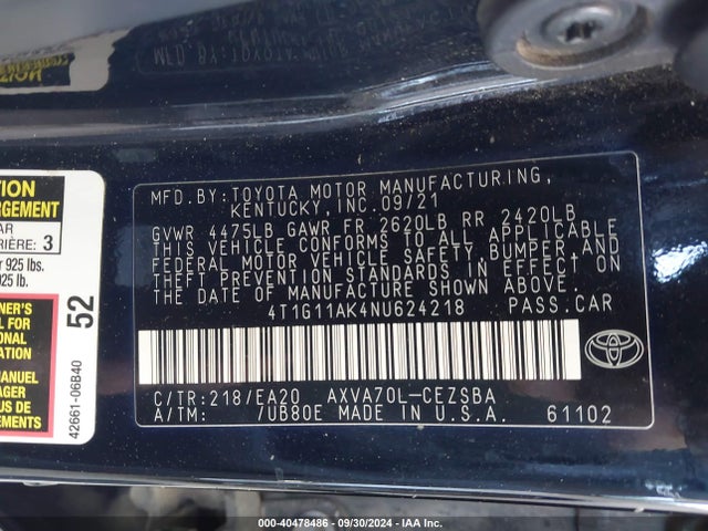 Toyota CAMRY SE 2022 4T1G11AK4NU624218 Image 9