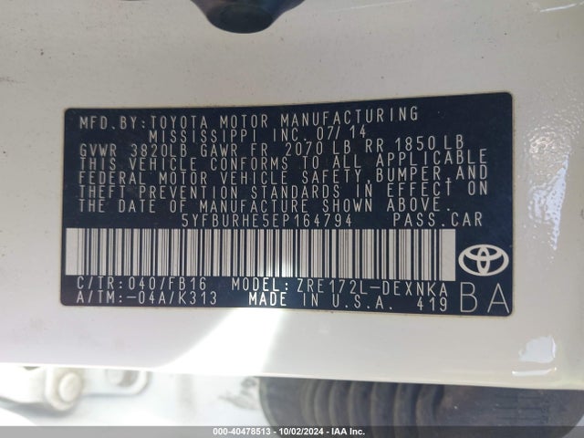 Toyota COROLLA LE 2014 5YFBURHE5EP164794 Image 9