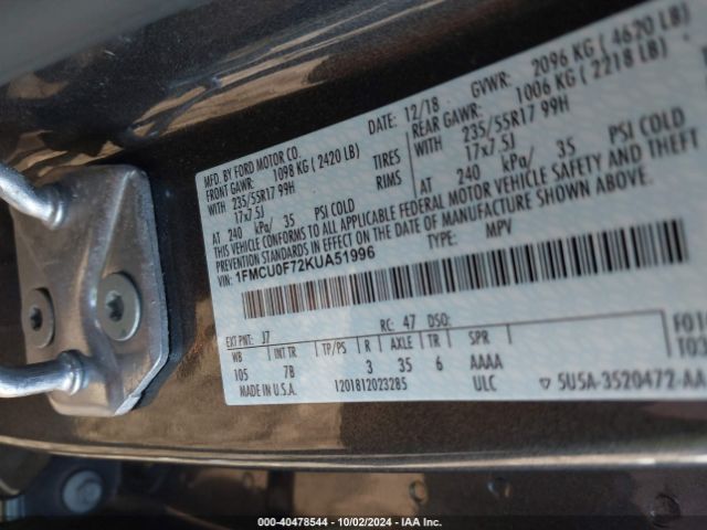 1FMCU0F72KUA51996 Ford ESCAPE S