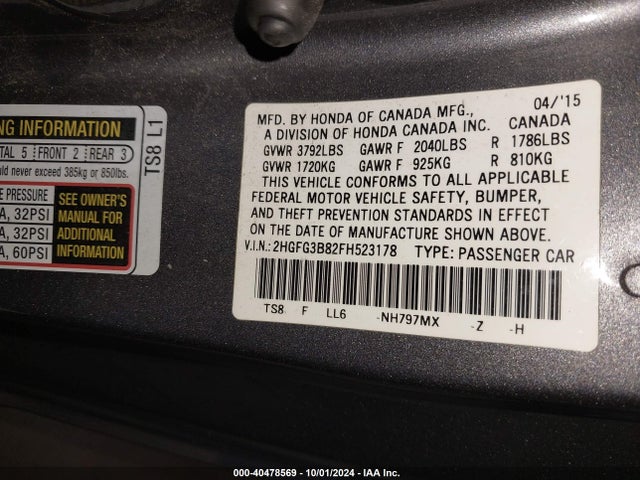 Honda CIVIC EX 2015 2HGFG3B82FH523178 Image 9