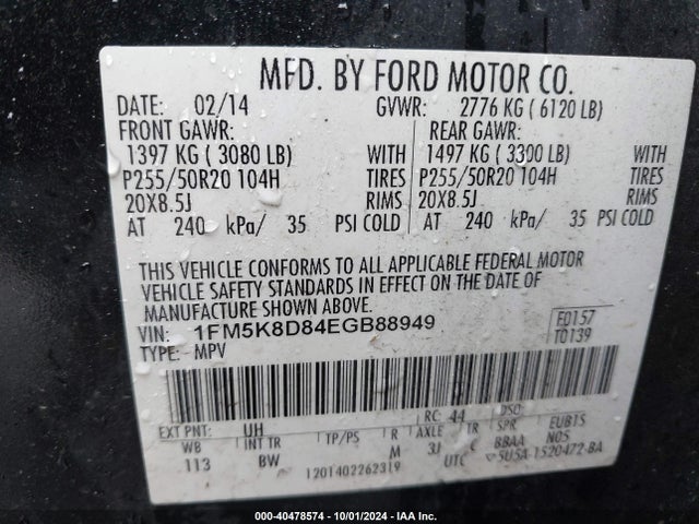 Ford EXPLORER XLT 2014 1FM5K8D84EGB88949 Image 9