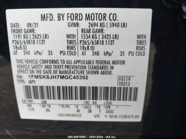 1FMSK8JH7MGC45392 Ford Explorer Timberline