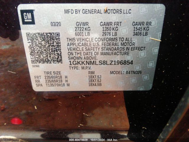 1GKKNMLS8LZ196854 GMC Acadia Fwd Slt
