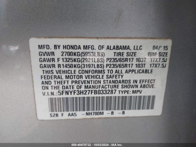 5FNYF3H27FB033287 Honda PILOT LX