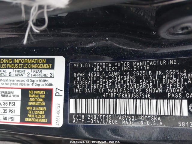 Toyota CAMRY SE 2016 4T1BF1FK9GU567246 Image 9