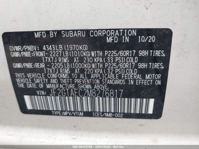 JF2GTAEC2M8276817 Subaru Crosstrek Premium