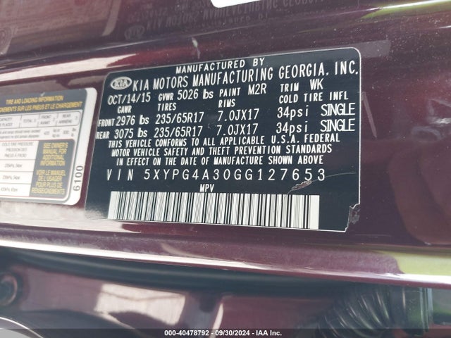 KIA Sorento 2.4l Lx 2016 5XYPG4A30GG127653 Image 9