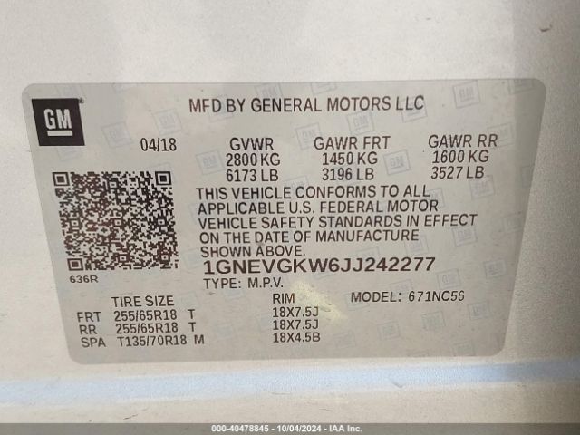 1GNEVGKW6JJ242277 Chevrolet Traverse 1lt