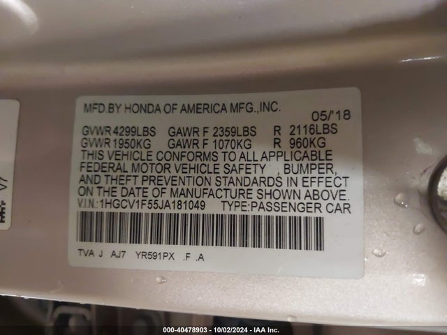 Honda Accord Ex-l 2018 1HGCV1F55JA181049 Image 9
