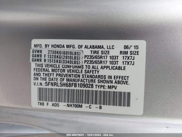 Honda Odyssey Ex-l 2015 5FNRL5H68FB109028 Image 9