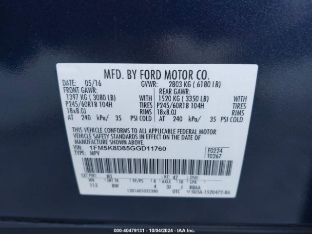 1FM5K8D85GGD11760 Ford EXPLORER XLT