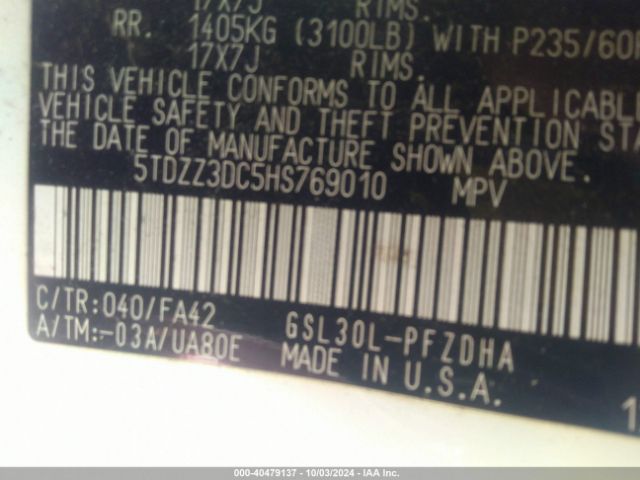 5TDZZ3DC5HS769010 Toyota Sienna L 7 Passenger
