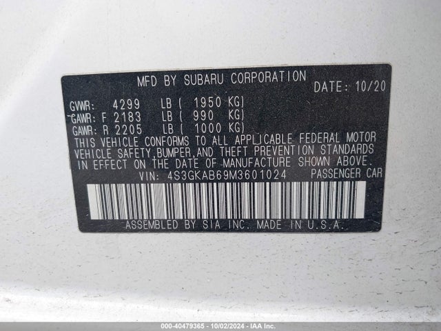 Subaru IMPREZA SEDAN 2021 4S3GKAB69M3601024 Image 9