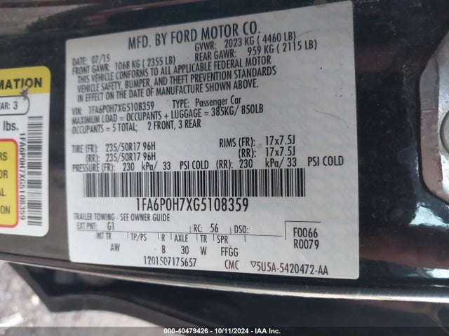 Ford FUSION SE 2016 1FA6P0H7XG5108359 Image 9