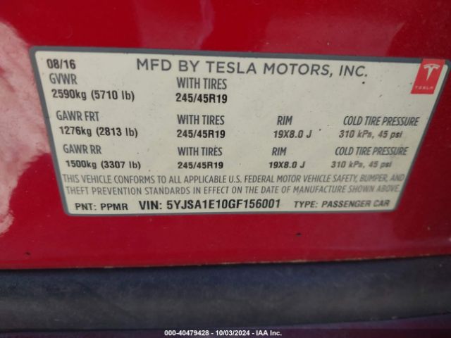 5YJSA1E10GF156001 Tesla Model S 60/70/75/85