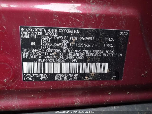 JTMLWRFVXND148367 Toyota Rav4 Hybrid Le