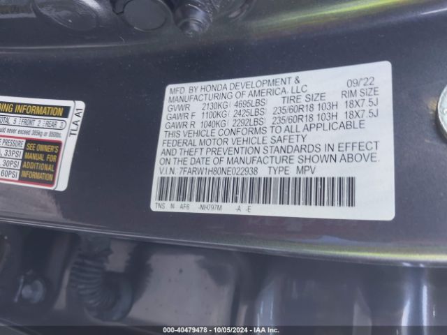 7FARW1H80NE022938 Honda Cr-v 2wd Ex-l