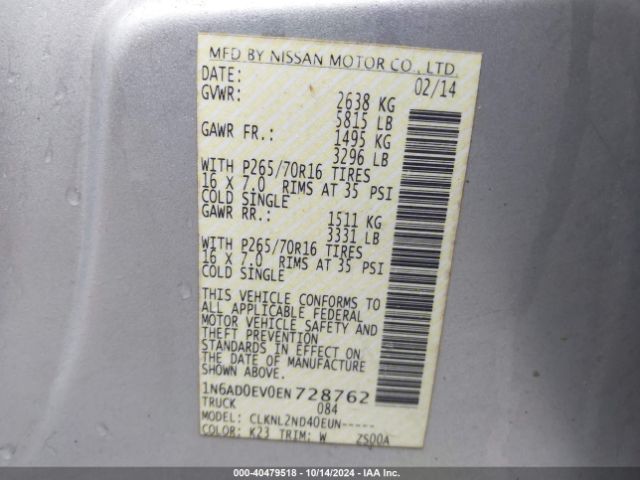 1N6AD0EV0EN728762 Nissan Frontier