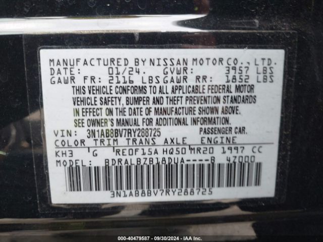 3N1AB8BV7RY288725 Nissan Sentra S Xtronic Cvt