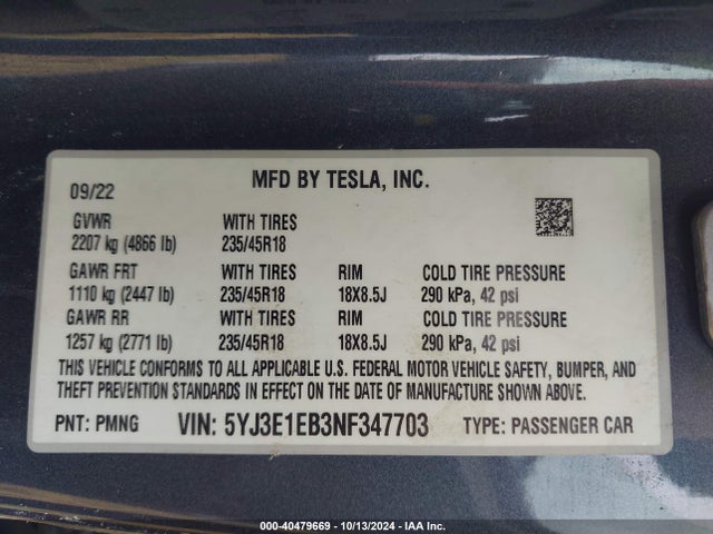 2022 TESLA MODEL 3 5YJ3E1EB3NF347703 Photo 8