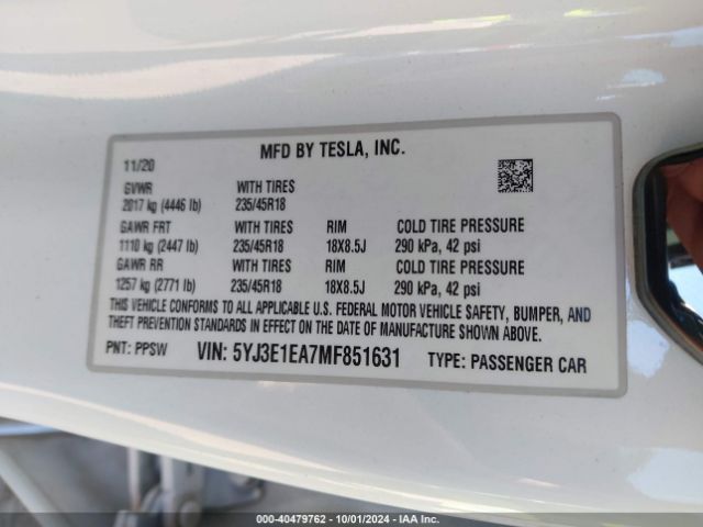 5YJ3E1EA7MF851631 Tesla Model 3 Standard Range Plus Rear-wheel Drive