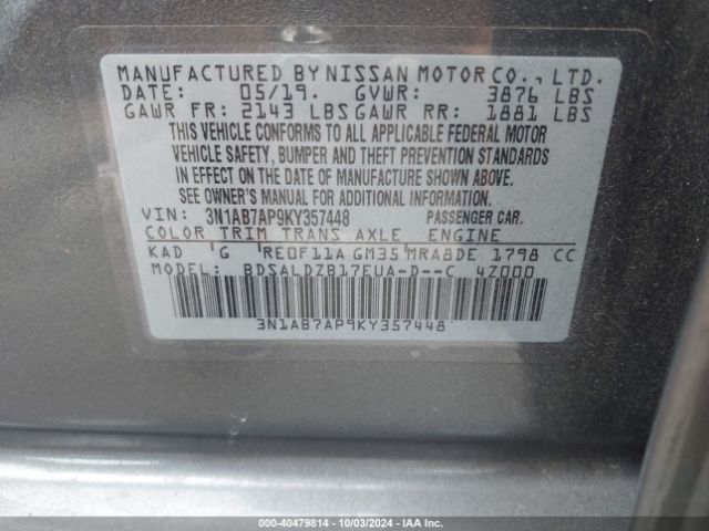 3N1AB7AP9KY357448 Nissan SENTRA SV