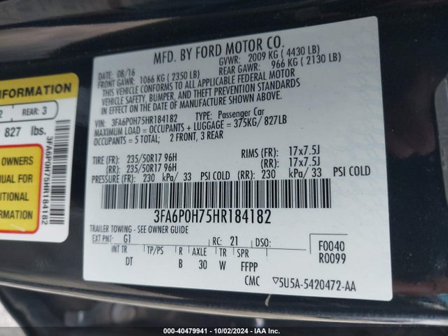 Ford FUSION SE 2017 3FA6P0H75HR184182 Image 9