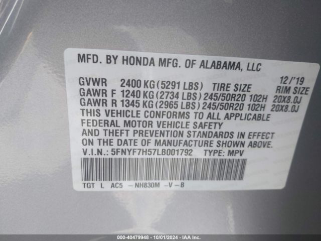 5FNYF7H57LB001792 Honda Passport 2wd Ex-l