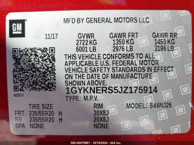 1GYKNERS5JZ175914 Cadillac Xt5 Premium Luxury