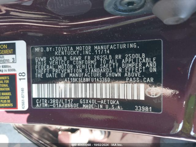4T1BK1EB8FU143360 Toyota Avalon Xle Touring