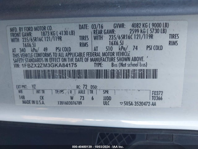 1FBZX2ZM3GKA84175 Ford Transit-350 Xlt