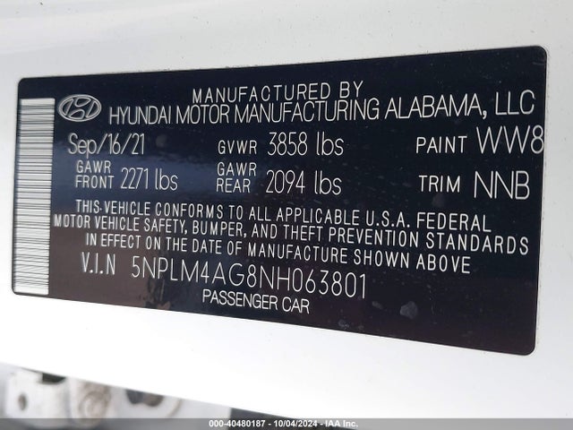 5NPLM4AG8NH063801 Hyundai ELANTRA SEL