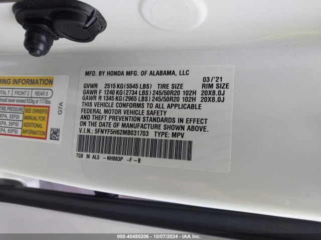 5FNYF5H62MB031703 Honda Pilot 2wd Touring 7 Passenger