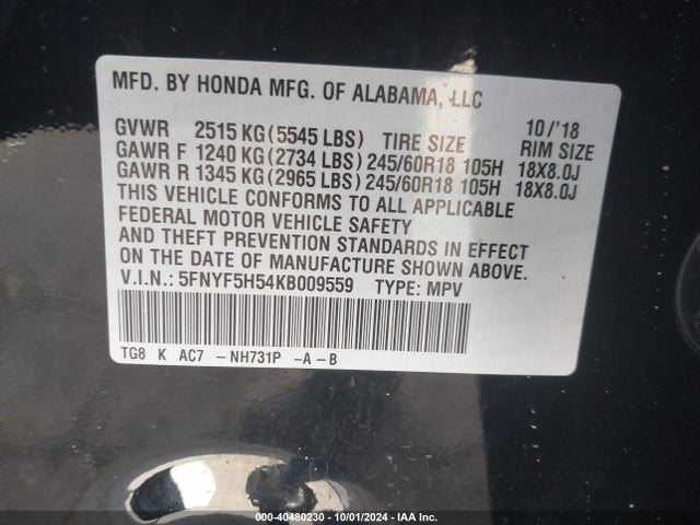 Honda Pilot Ex-l 2019 5FNYF5H54KB009559 Image 9