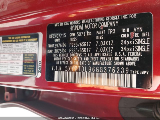 5XYZTDLB6GG376239 Hyundai Santa Fe Sport 2.4l