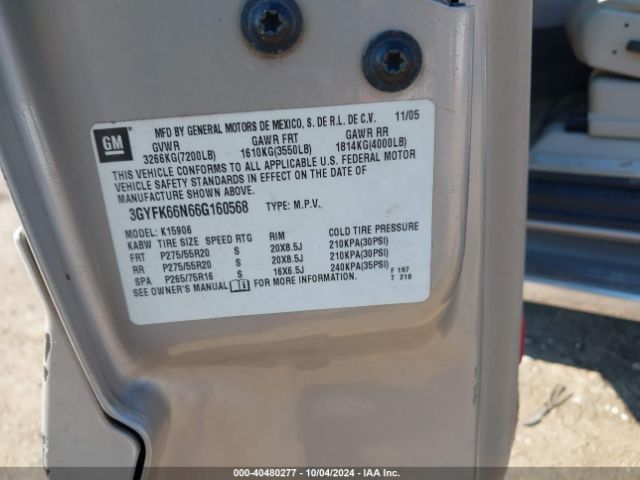 2006 CADILLAC ESCALADE ESV 3GYFK66N66G160568 Photo 8