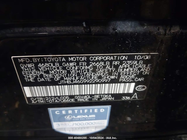 40480285 :رقم المزاد ، JTHBJ46G992290997 vin ، 2009 Lexus Es 350 مزاد بيع