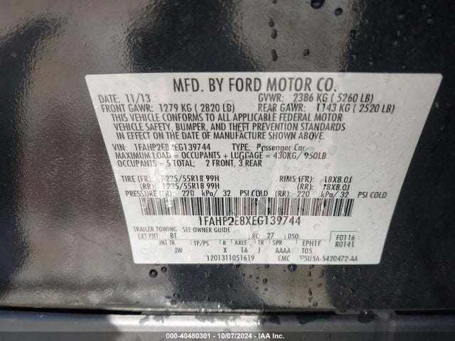 Ford TAURUS SEL 2014 1FAHP2E8XEG139744 Image 9