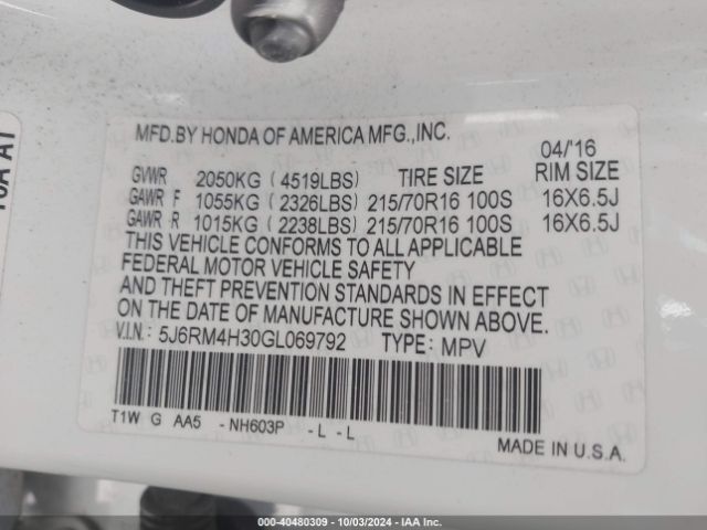 5J6RM4H30GL069792 Honda CR-V LX