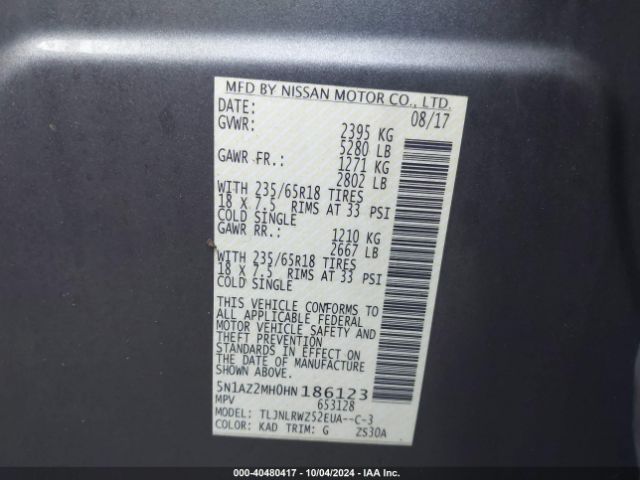 5N1AZ2MH0HN186123 Nissan MURANO SL