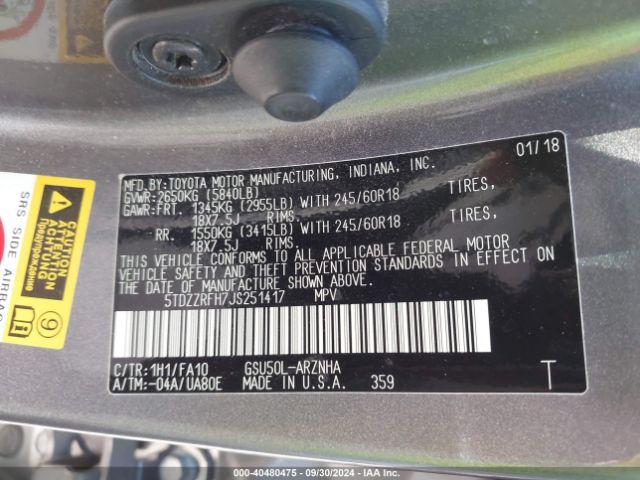 5TDZZRFH7JS251417 Toyota Highlander Le Plus