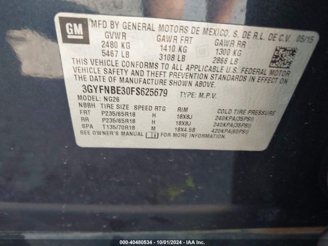 3GYFNBE30FS625679 Cadillac Srx Luxury Collection